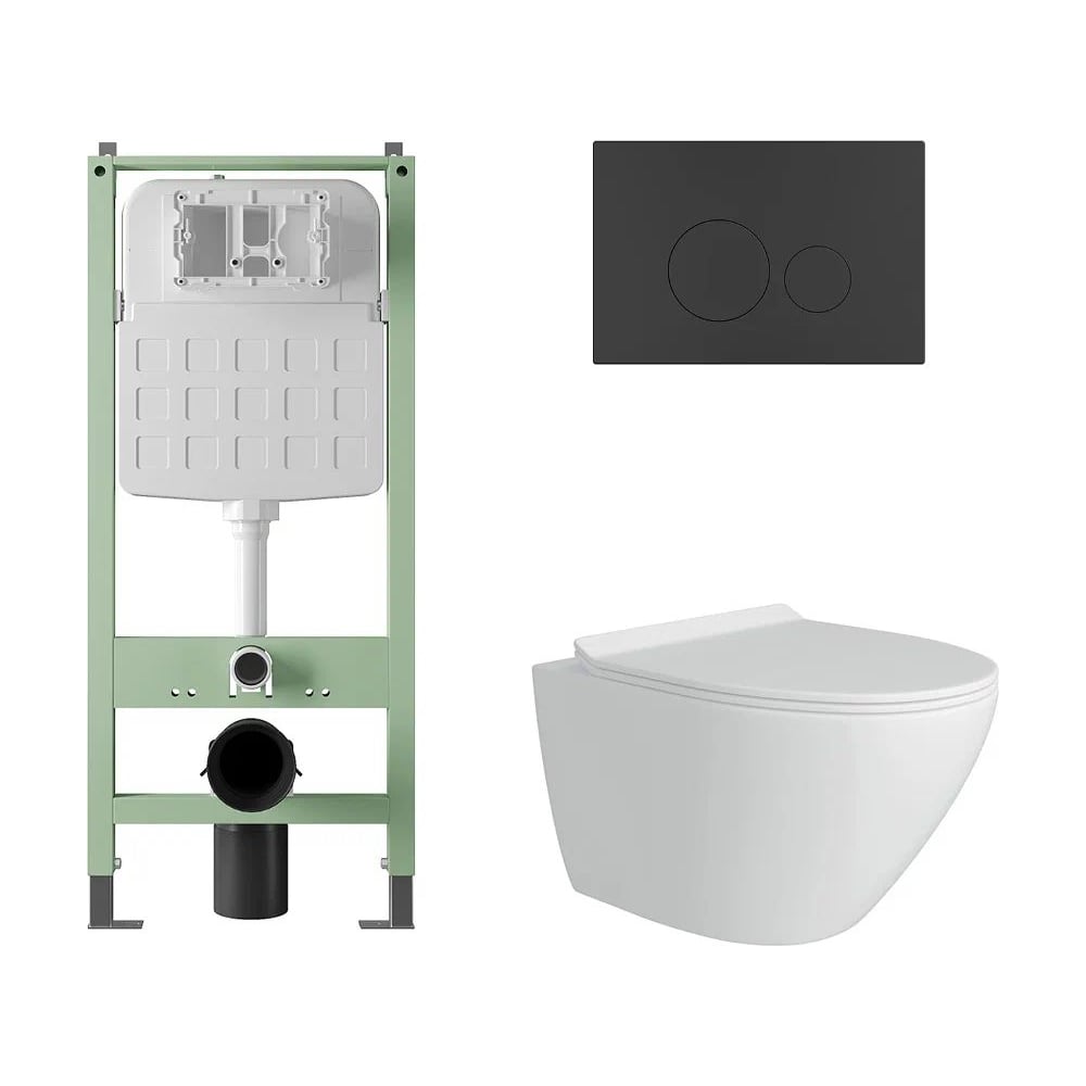Изображение товара Комплект Alentori Инсталляция SITEMA, Панель смыва с круглыми кнопками, черный матовый + FLUIRE Унитаз подвесной безободковый, быстросъёмное сиденье с микролифтом, белый глян. ALS.SIS1101.MBAL.FLU40106.W