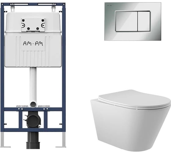 Изображение товара Комплект AM.PM MasterFit инсталляция для подвесного унитаза с клавишей ProC S, хром глянц + Унитаз подвесной 525*360 безободковый, сиденье Soft-Close, белый матовый, форма конус I012710.0251C0120