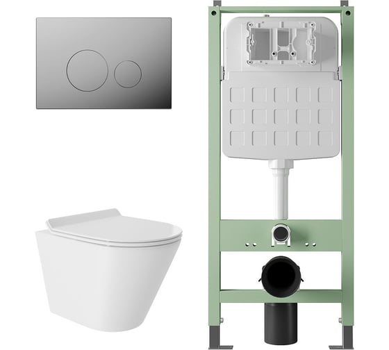 Изображение товара Комплект Alentori Инсталляция  SITEMA, Панель смыва с круглыми кнопками, хром + Унитаз подвесной 480*360 безободковый, Vortex, сиденье Soft-Close, белый глянцевый, форма конус ALS.SIS1101.CRCV0110