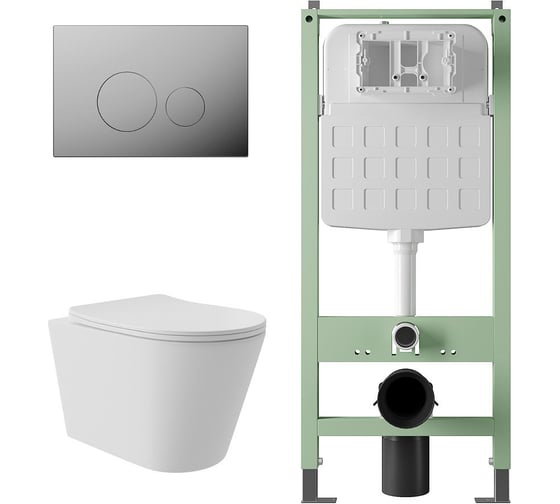 Изображение товара Комплект Alentori Инсталляция  SITEMA, Панель смыва с круглыми кнопками, хром + Унитаз подвесной Long 520*365 безободковый, Vortex, сиденье Soft-Close, белый матовый, форма конус ALS.SIS1101.CRCV0220