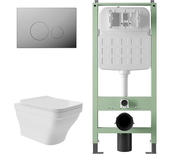 Изображение товара Комплект Alentori Инсталляция SITEMA, Панель смыва с круглыми кнопками, хром + Унитаз подвесной 520*370 безободковый, сиденье Soft-Close, белый глянцевый, форма квадрат с выступом ALS.SIS1101.CRE0110