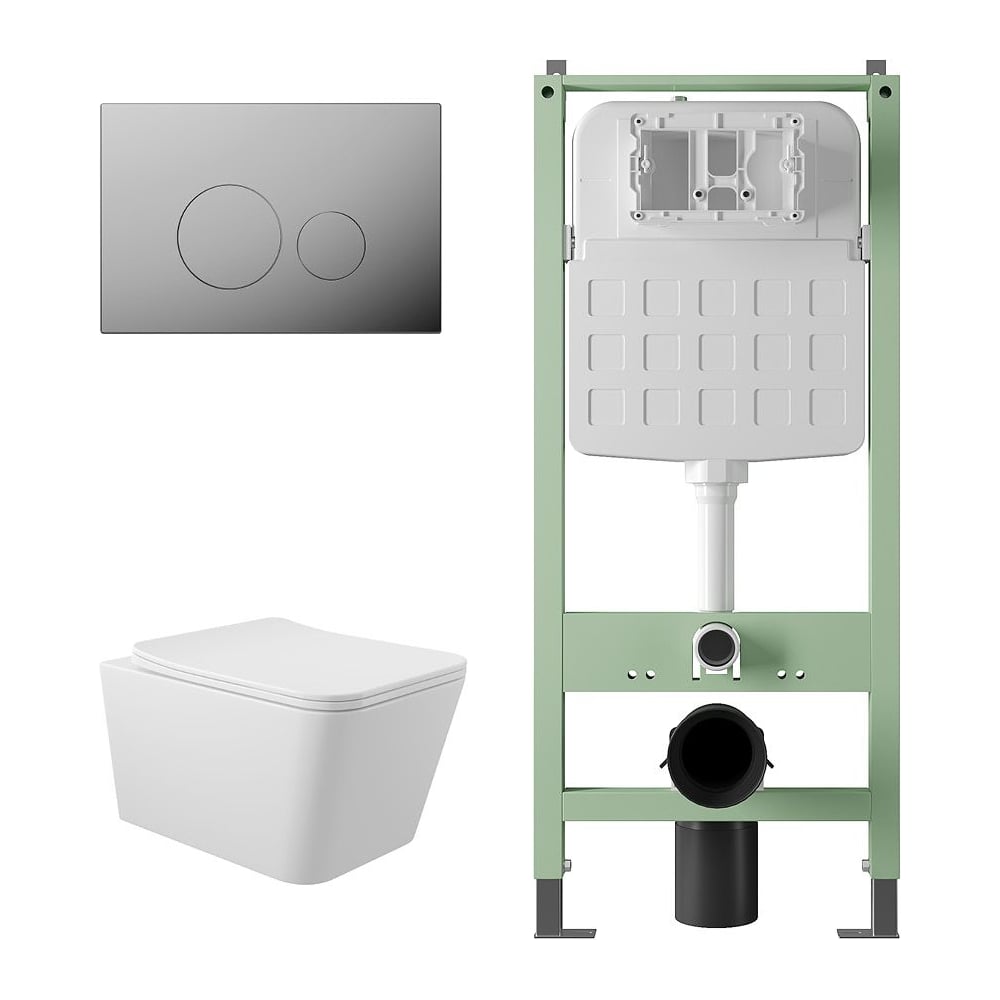 Изображение товара Комплект Alentori Инсталляция  SITEMA, Панель смыва с круглыми кнопками, хром + Унитаз подвесной 520*370 безободковый, сиденье Soft-Close, белый глянцевый, форма квадрат ALS.SIS1101.CRQ0110