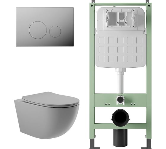 Изображение товара Комплект Alentori Инсталляция  SITEMA, Панель смыва с круглыми кнопками, хром + Унитаз подвесной 525*360 безободковый, сиденье Soft-Close, серый матовый, форма овал ALS.SIS1101.CRO0130