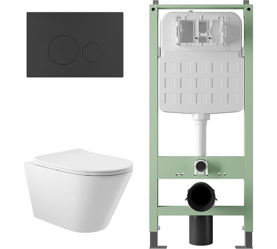 Изображение товара Комплект Alentori Инсталляция  SITEMA, Панель смыва с круглыми кнопками, черный матовый + Унитаз подвесной 525*360 безободковый, сиденье Soft-Close, белый глянцевый, форма конус ALS.SIS1101.MBC0110