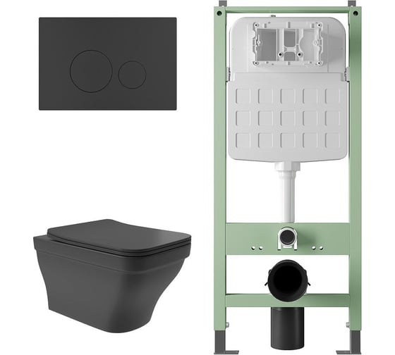 Изображение товара Комплект Alentori Инсталляция  SITEMA, Панель смыва с круглыми кнопками, черный матовый + Унитаз подвесной 520*370 безободковый, сиденье Soft-Close, черный матовый, форма квадрат с выступом ALS.SIS1101.MBE0140