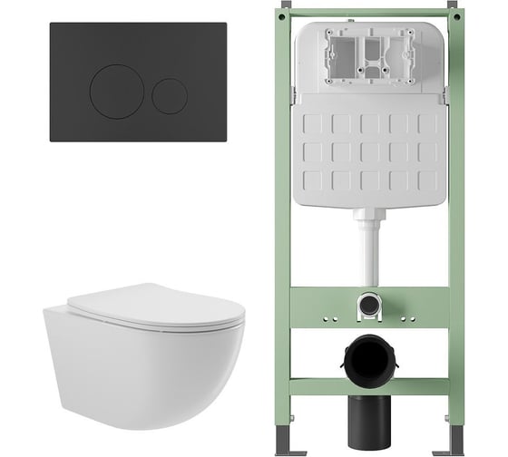 Изображение товара Комплект Alentori Инсталляция  SITEMA, Панель смыва с круглыми кнопками, черный матовый + Унитаз подвесной 525*360 безободковый, сиденье Soft-Close, белый глянцевый, форма овал ALS.SIS1101.MBO0110