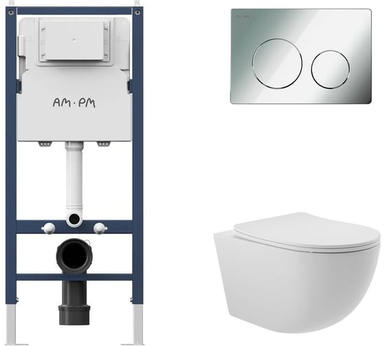Изображение товара Комплект AM.PM  I012709.0151 PrimeFit инсталляция для подвесного унитаза с клавишей PrimeFit L, хром глянц + Унитаз подвесной 525*360 безободковый, сиденье Soft-Close, белый матовый, форма овал I012709.0151O0120