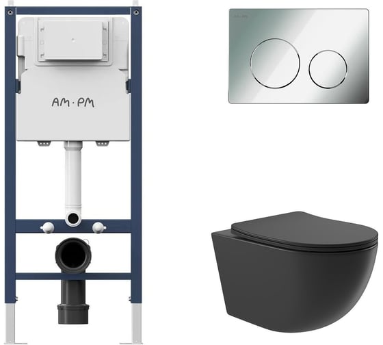 Изображение товара Комплект AM.PM  I012709.0151 PrimeFit инсталляция для подвесного унитаза с клавишей PrimeFit L, хром глянц + Унитаз подвесной 525*360 безободковый, сиденье Soft-Close, черный матовый, форма овал I012709.0151O0140