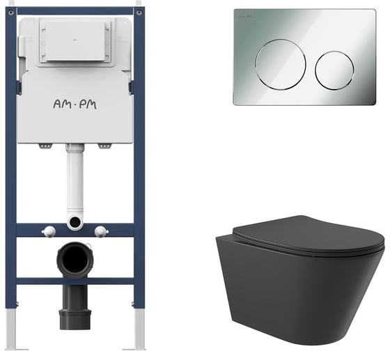 Изображение товара Комплект AM.PM  I012709.0151 PrimeFit инсталляция для подвесного унитаза с клавишей PrimeFit L, хром глянц + Унитаз подвесной 525*360 безободковый, сиденье Soft-Close, черный матовый, форма конус I012709.0151C0140