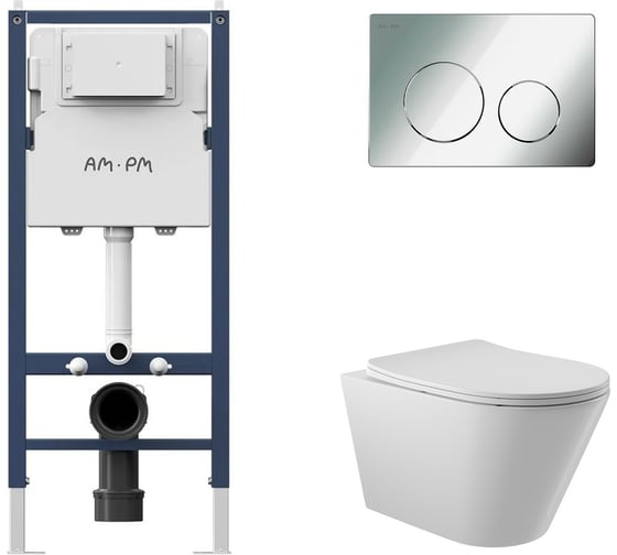 Изображение товара Комплект AM.PM  I012709.0151 PrimeFit инсталляция для подвесного унитаза с клавишей PrimeFit L, хром глянц + Унитаз подвесной 525*360 безободковый, сиденье Soft-Close, белый глянцевый, форма конус I012709.0151C0110