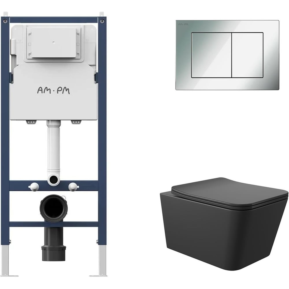 Изображение товара Подвесной унитаз с инсталляцией и клавишей PrimeFit черный матовый