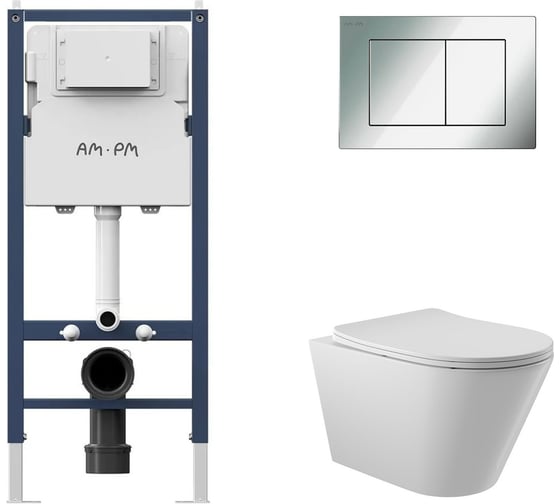 Изображение товара Комплект AM.PM  I012709.0251 PrimeFit инсталляция для подвесного унитаза с клавишей PrimeFit S, хром глянц + Унитаз подвесной 525*360 безободковый, сиденье Soft-Close, белый глянцевый, форма конус I012709.0251C0110