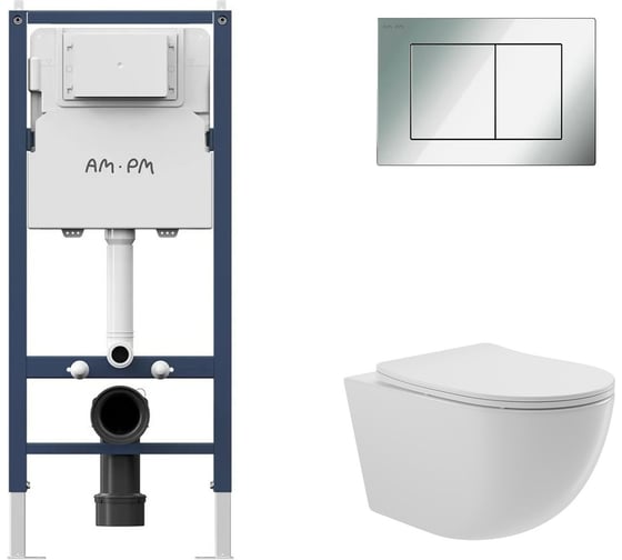 Изображение товара Комплект AM.PM  I012709.0251 PrimeFit инсталляция для подвесного унитаза с клавишей PrimeFit S, хром глянц + Унитаз подвесной 525*360 безободковый, сиденье Soft-Close, белый глянцевый, форма овал I012709.0251O0110