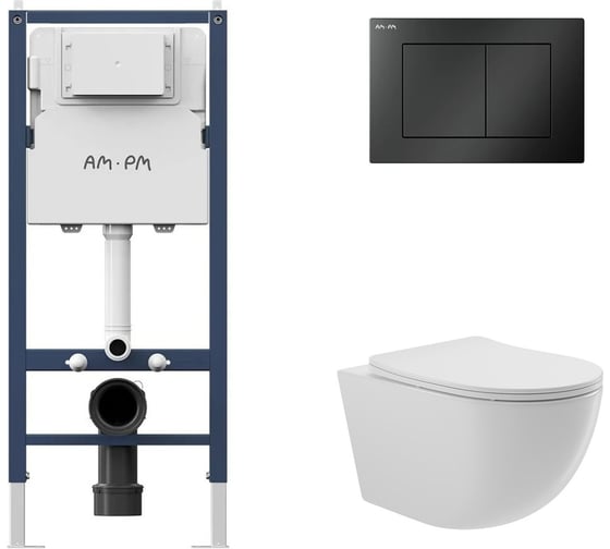Изображение товара Комплект AM.PM  I012709.0238 PrimeFit инсталляция для подвесного унитаза с клавишей PrimeFit S, мат.черный + Унитаз подвесной 525*360 безободковый, сиденье Soft-Close, белый глянцевый, форма овал I012709.0238O0110