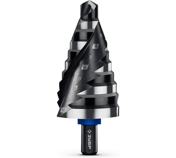 Изображение товара Сверло ступенчатое Зубр BLACK FORCE 9-36 мм, 10 ступеней, винтовая проточка, ПРОФЕССИОНАЛ 29671-9-36-10