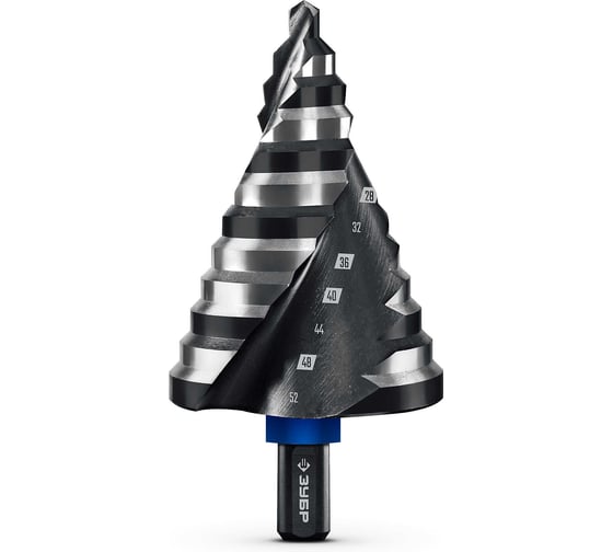 Изображение товара Сверло ступенчатое Зубр BLACK FORCE 6-52 мм, 12 ступеней, винтовая проточка, ПРОФЕССИОНАЛ 29671-6-52-12