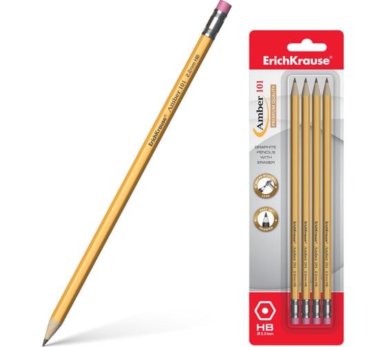 Изображение товара Шестигранный чернографитный карандаш ErichKrause Amber с ластиком 101 HB 45603