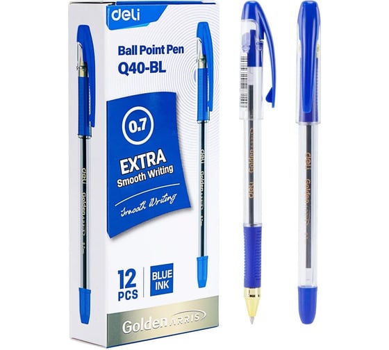 Изображение товара Набор Ручка шариковая DELI, пулевидный наконечник 0.7мм, синяя, чернила пониженной вязкости, золотистый корпус (12 шт. в наборе) EQ90