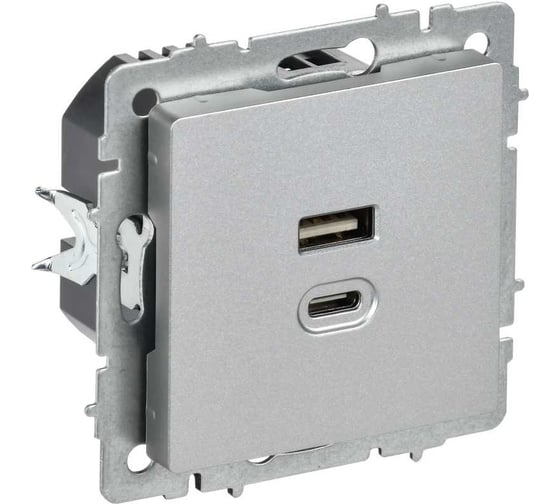 Изображение товара Розетка IEK BRITE USB A+C, 45Вт, высокоскоростная зарядка, алюминий РЮ11-2-БрА BR-U22-045-K47