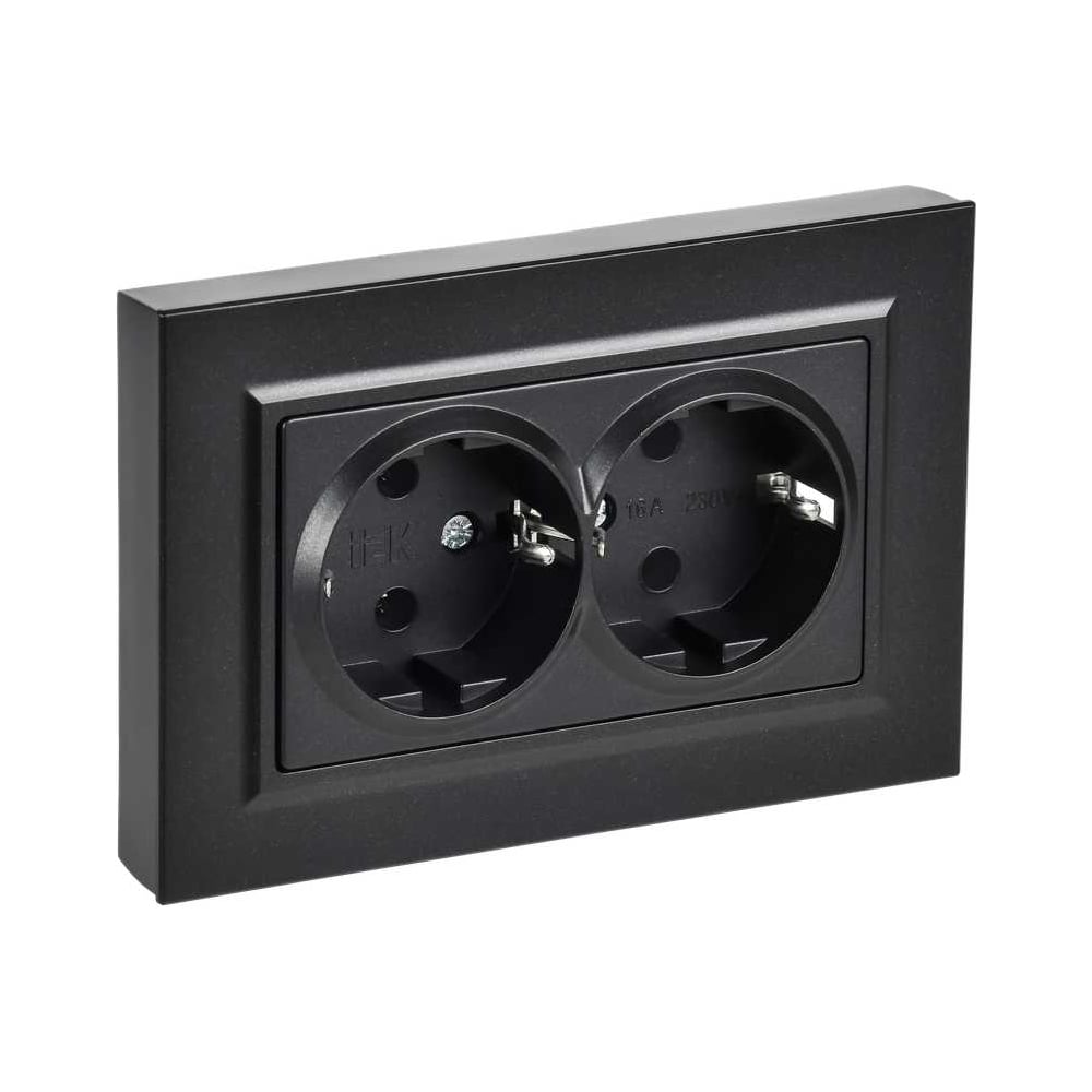Изображение товара Розетка двойная IEK BRITE с заземлением, плоская, 16А, в сборе, черная