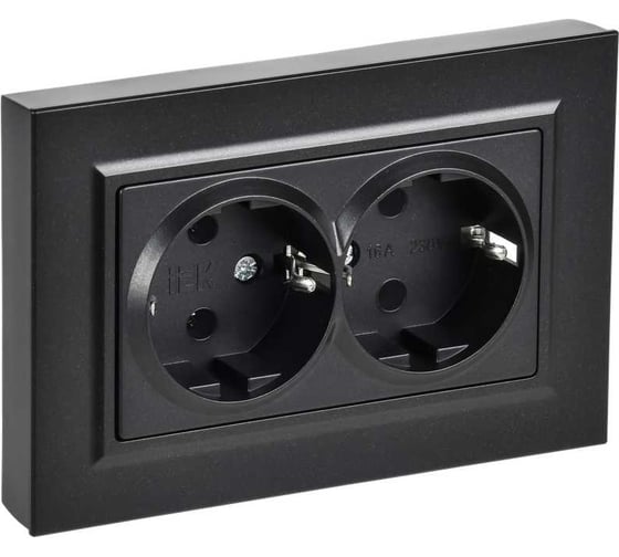 Изображение товара Розетка двойная IEK BRITE с заземлением, без шторок, плоская, 16А, в сборе, черный РСПл12-3-БрЧ BR-R27-16-K02-F
