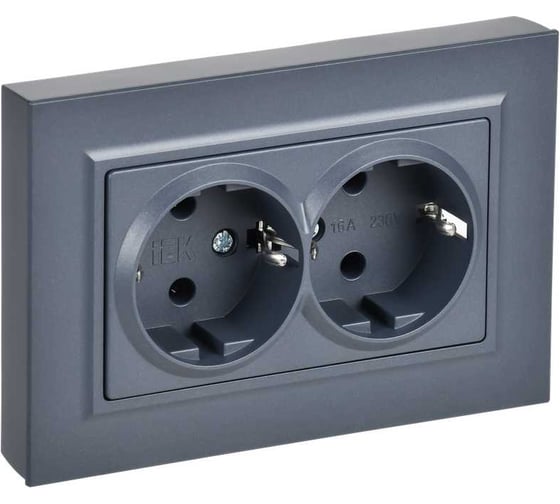 Изображение товара Розетка двойная IEK BRITE с заземлением, без шторок, плоская, 16А, в сборе, маренго РСПл12-3-БрМ BR-R27-16-K35-F