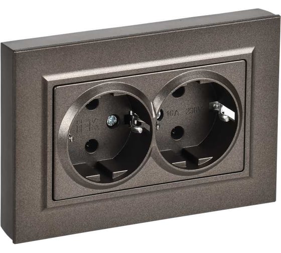 Изображение товара Розетка двойная IEK BRITE с заземлением, без шторок, плоская, 16А, в сборе, темная бронза РСПл12-3-БрТБ BR-R27-16-K45-F