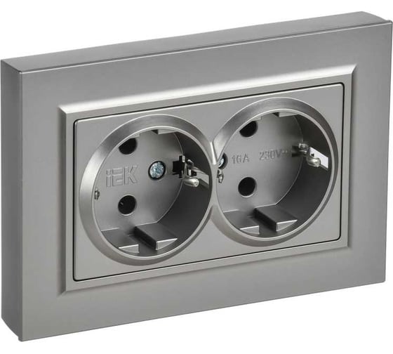 Изображение товара Розетка двойная IEK BRITE с заземлением, без шторок, плоская, 16А, в сборе, сталь РСПл12-3-БрС BR-R27-16-K46-F