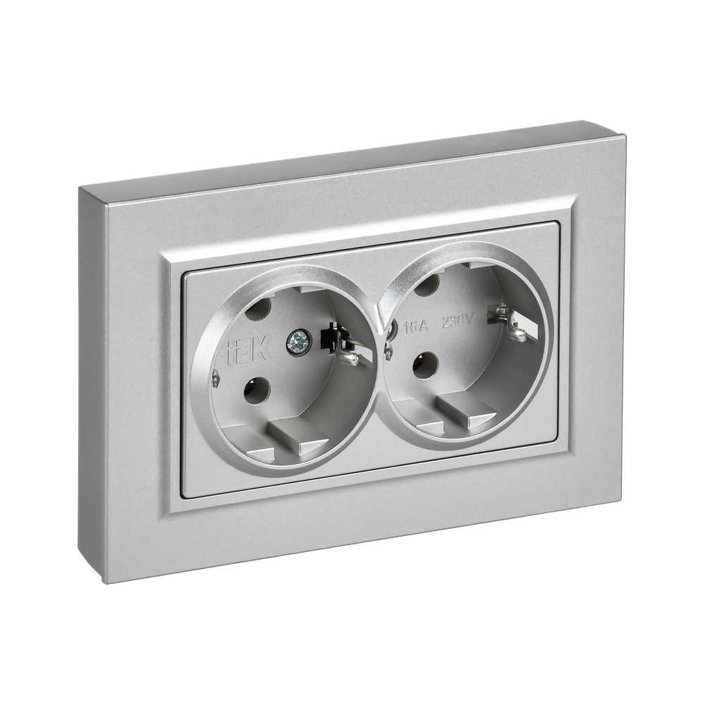 Изображение товара Розетка двойная IEK BRITE с заземлением алюминиевый комплект