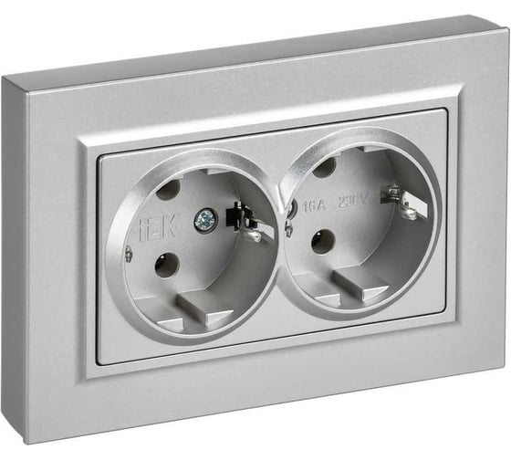 Изображение товара Розетка двойная IEK BRITE с заземлением, без шторок, плоская, 16А, в сборе, алюминий РСПл12-3-БрА BR-R27-16-K47-F