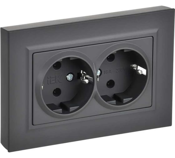 Изображение товара Розетка двойная IEK BRITE с заземлением, без шторок, плоская, 16А, в сборе, графит РСПл12-3-БрГ BR-R27-16-K53-F