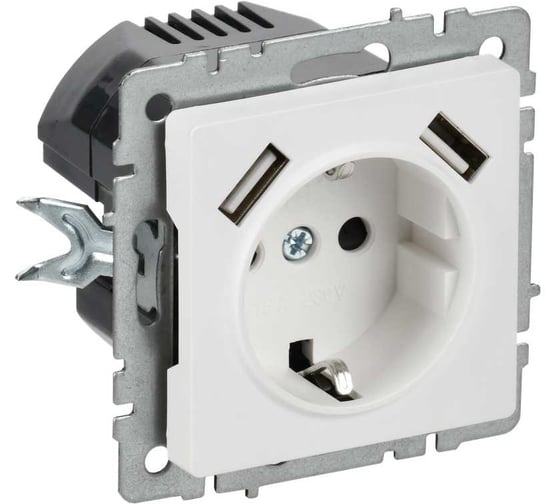 Изображение товара Розетка IEK BRITE с заземлением и шторками, 16А, с USB A+A, 2.1А, арктический белый РЮш10-1-БрАБ BR-R14-16-U21-D21-K91