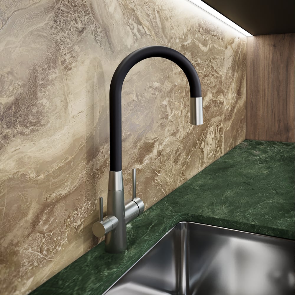 Изображение товара Современный черный смеситель для кухни ZARATSU с гибким изливом и подключением к фильтру