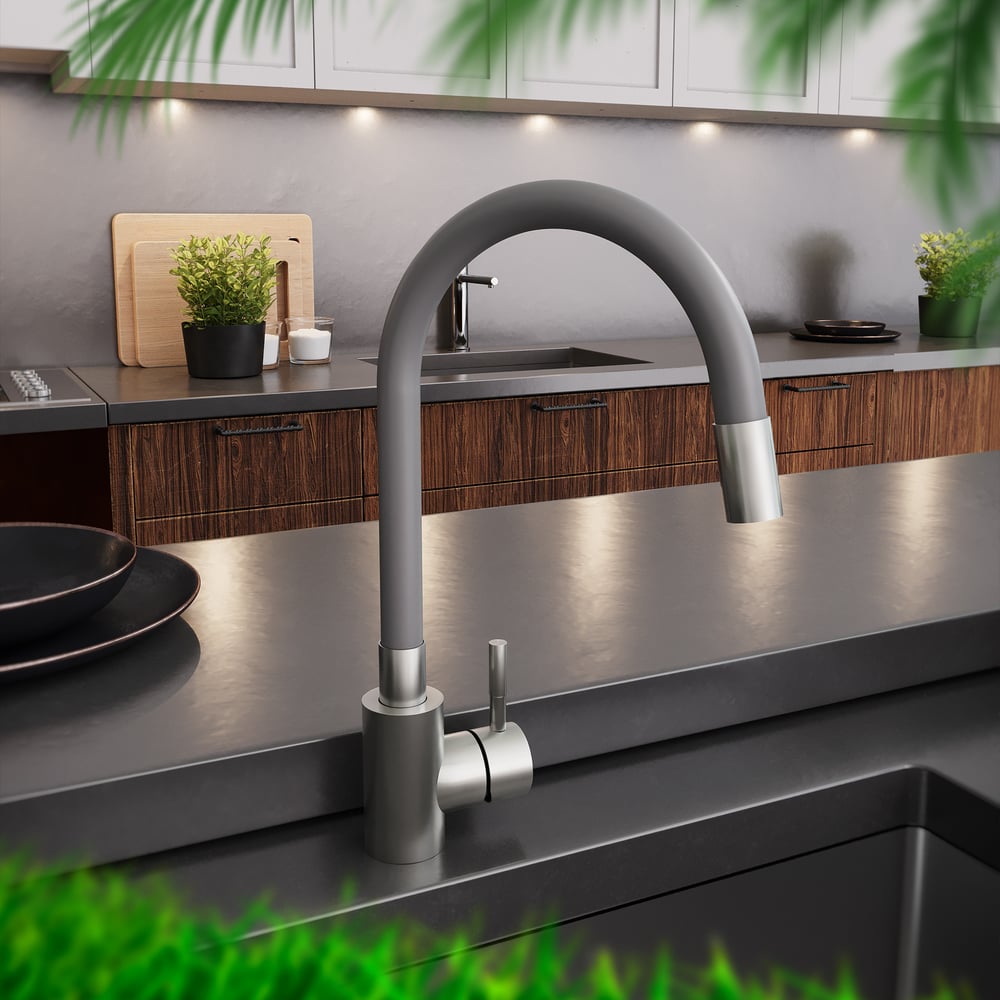 Изображение товара Современный кухонный смеситель ZARATSU с гибким изливом темно-серый