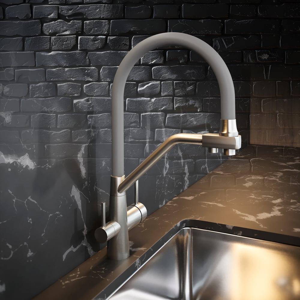 Изображение товара Смеситель для кухни ZARATSU с гибким изливом и краном под фильтр серый