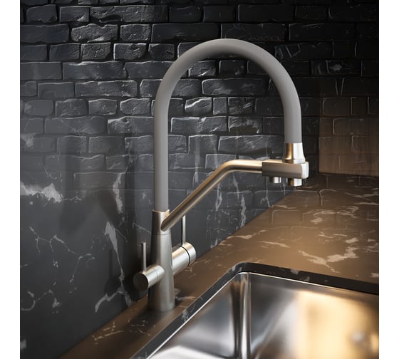 Изображение товара Смеситель для кухни ZARATSU с гибким изливом и отдельным краном под фильтр, серый Z-SK-G-03