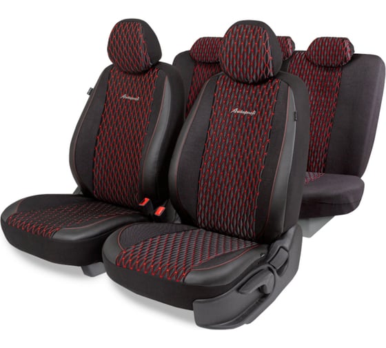 Изображение товара Авточехлы AUTOPROFI серия Premium, Black Ice. Ледяной шёлк, лён, премиальная экокожа, 7 мм. поролон, 4 молнии на заднем сидении, 11 предметов., чёрн./красный, ICE-1107 BK/RD