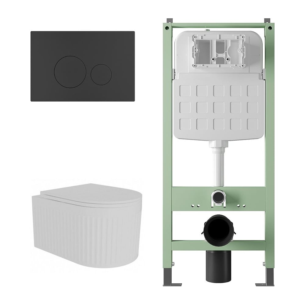 Изображение товара Комплект Alentori Инсталляция SITEMA, Панель смыва с круглыми кнопками, черный матовый + FLUIRE 2101 Vortex Унитаз подвесной безободковый, быстросъёмное сиденье с микролифтом, белый глян. ALS.SIS1101.MBAL.FLU42101.V.W