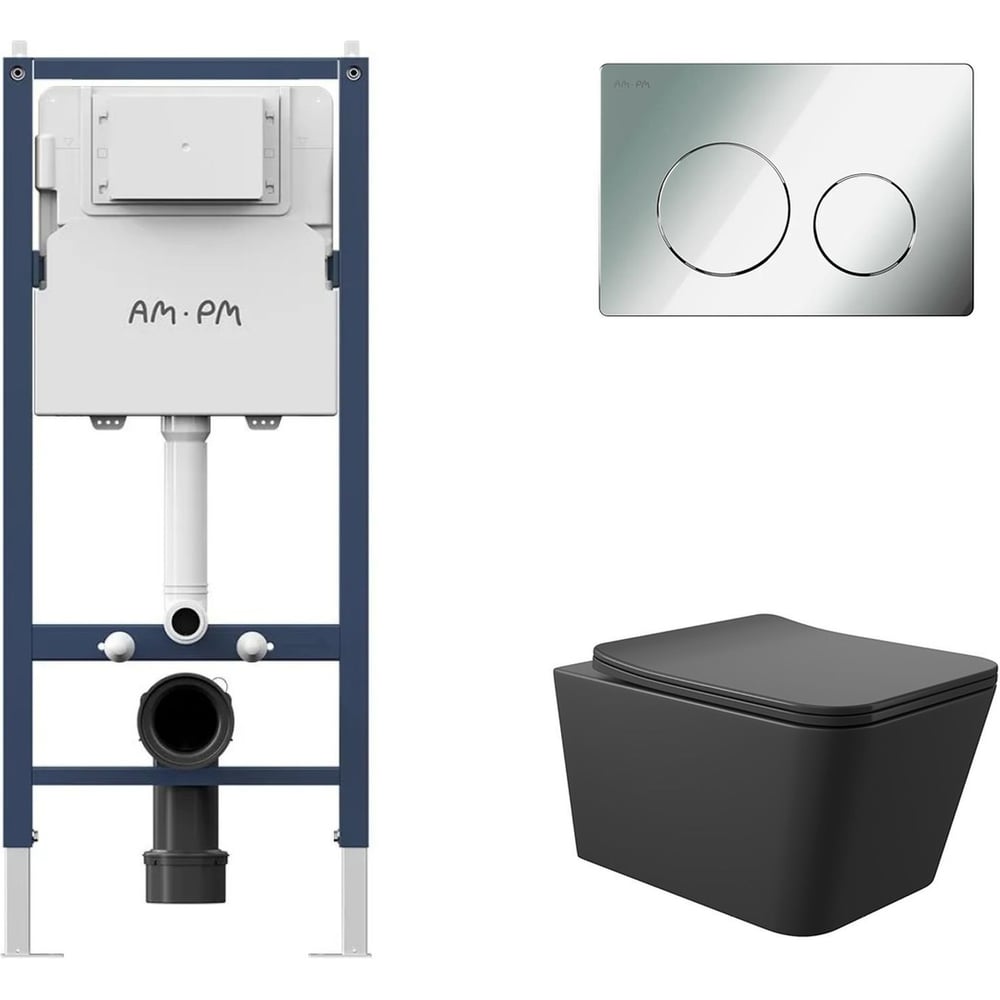 Изображение товара Комплект AM.PM PrimeFit инсталляция для подвесного унитаза с клавишей хром и черный унитаз