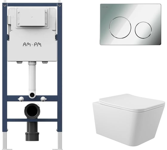 Изображение товара Комплект AM.PM I012709.0151 PrimeFit инсталляция для подвесного унитаза с клавишей PrimeFit L, хром глянц + Унитаз подвесной 520*370 безободковый, сиденье Soft-Close, белый матовый, форма квадрат I012709.0151Q0120