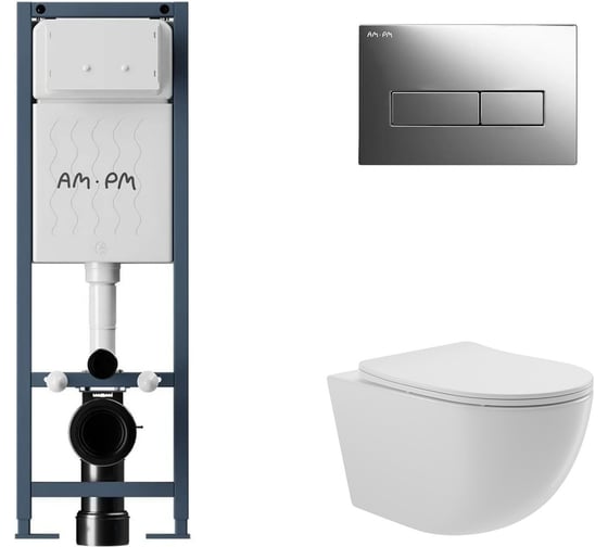 Изображение товара Комплект AM.PM  I012711.0351 ErgoFit инсталляция для подвес унитаза с клавишей ErgoFit M пластик, хром глянц + Унитаз подвесной 525*360 безободковый, сиденье Soft-Close, белый глянцевый, форма овал I012711.0351O0110