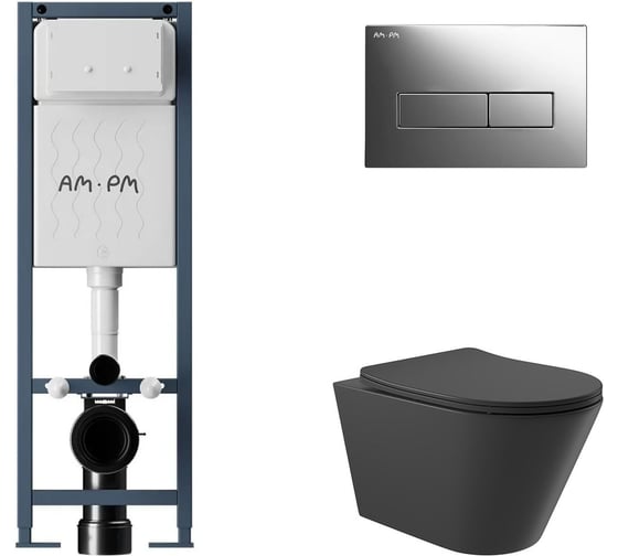 Изображение товара Комплект AM.PM  I012711.0351 ErgoFit инсталляция для подвес унитаза с клавишей ErgoFit M пластик, хром глянц + Унитаз подвесной 525*360 безободковый, сиденье Soft-Close, черный матовый, форма конус I012711.0351C0140