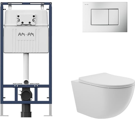 Изображение товара Комплект AM.PM MasterFit инсталляция для подвесного унитаза с клавишей ProC S, мат.хром + Унитаз подвесной 525*360 безободковый, сиденье Soft-Close, белый глянцевый, форма овал I012710.0231O0110