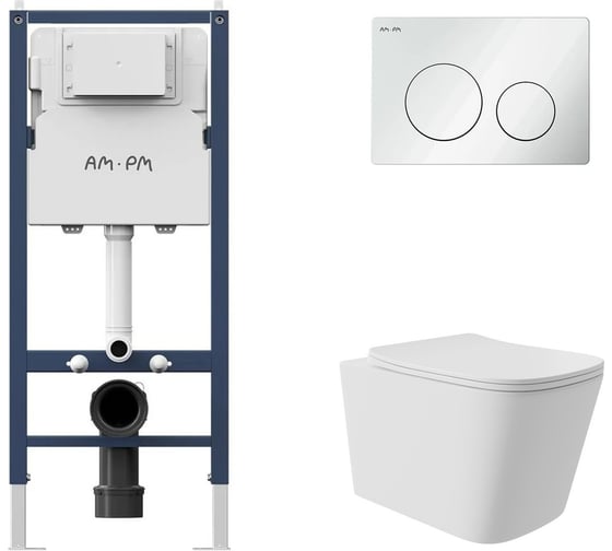 Изображение товара Комплект AM.PM Инстал.  I012709.0101 кл. PrimeFit L, б/гл + Унитаз подвесной Long 525*345 безободковый, Vortex, сиденье Soft-Close, белый матовый, форма квадрат I012709.0101QV0220