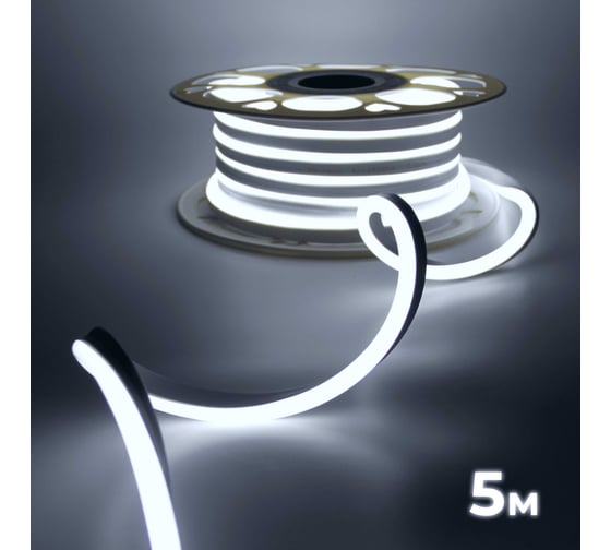 Изображение товара Светодиодная неоновая лента гибкая Baulamp 5м, 220В, 7Вт/м, холодный белый свет, 6500К, IP67 53015