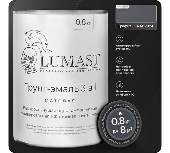 Изображение товара Грунт-эмаль Lumast professional protection 3 в 1 по ржавчине Lumast матовая, графит 0.8кг 288M08K-7024