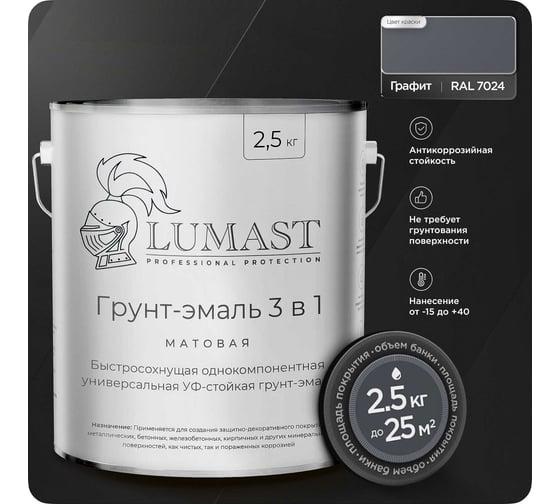 Изображение товара Грунт-эмаль 3 в 1 по ржавчине Lumast professional protection матовая, графит 2.5 кг 288M2K5-7024