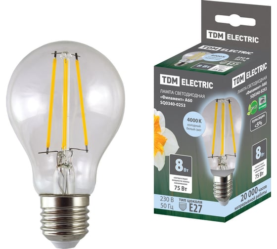 Изображение товара Светодиодная лампа TDM ELECTRIC "Филамент" А60-8 Вт-230 В-4000 К–E27 SQ0340-0253