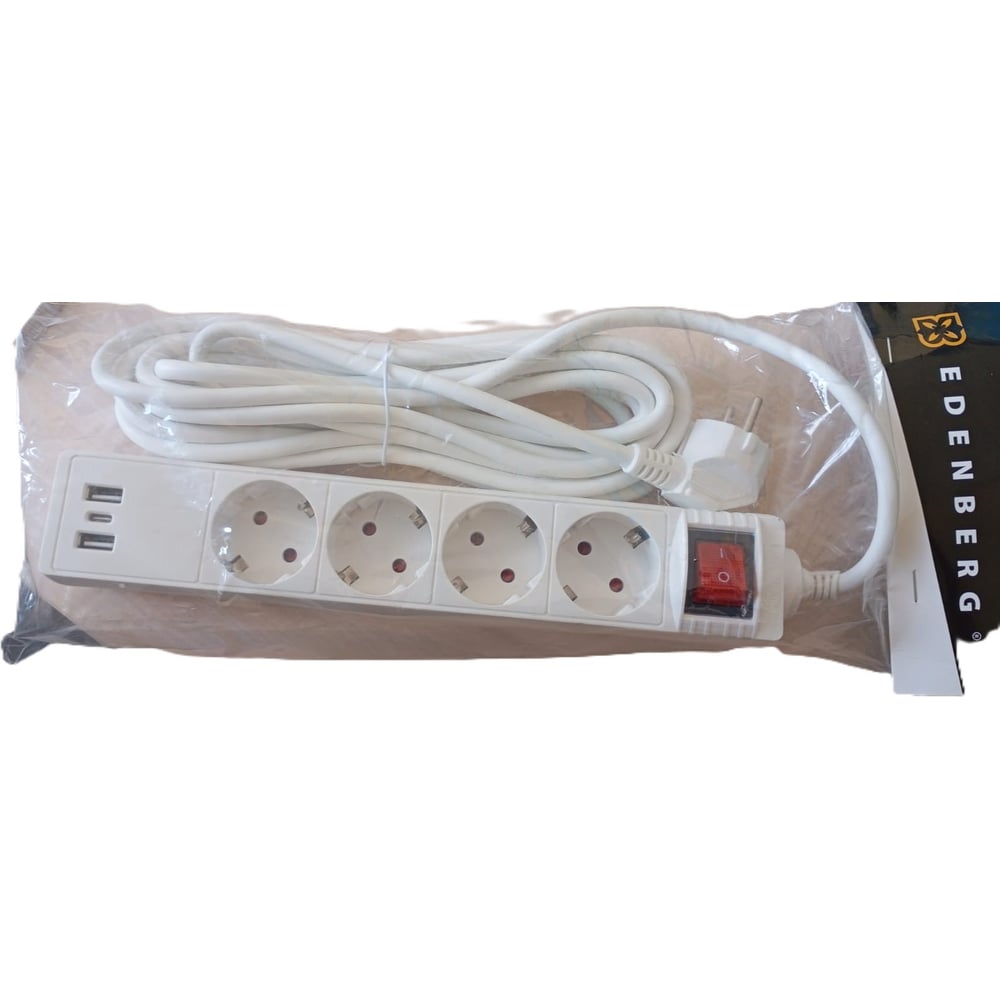 Изображение товара Розетка-удлинитель Edenberg 5м с USB, 4 розетки, IP20, выключатель и заземление