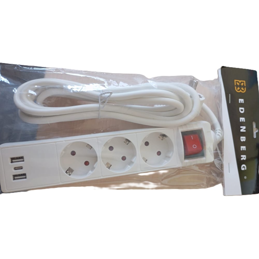 Изображение товара Розетка-удлинитель Edenberg 3м, 3 разъема, с переключателем и USB-кабелем, калибр провода 3 * 0,75 мм, диаметр провода 7 мм Н-11